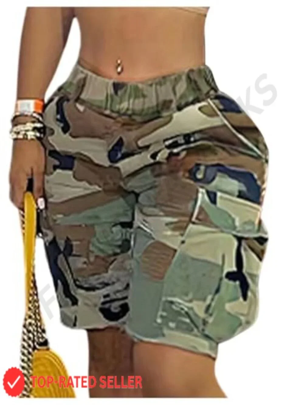 Women's Camo Cargo Bermuda Shorts Streetwear with Flap Pockets Elastic Waist